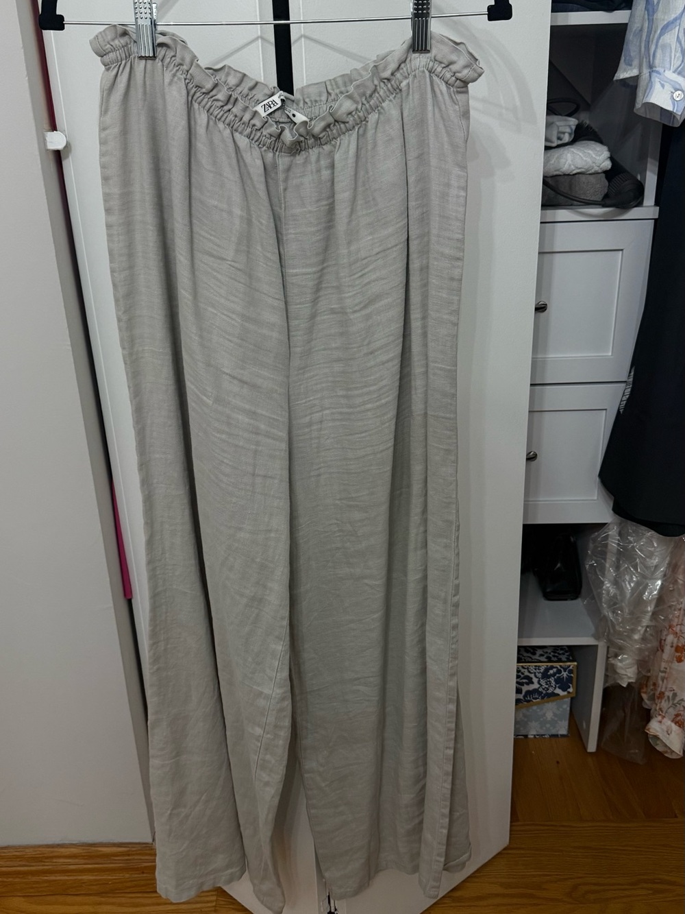 Zara Light Gray Wide-Leg Linen Blend Pants size L
